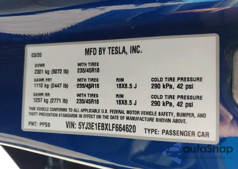 2020 Tesla Model 3 Long Range from USA, damaged, VIN 5YJ3E1EBXLF664620